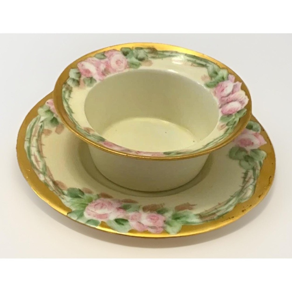 Antique Ramekin and Saucer Weimar Regency Side Dish Hand Painted Gold Rose VTG